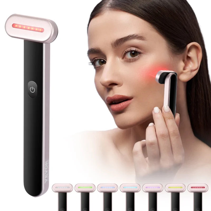 Woman using VEVOR LED red light therapy wand on her face for skincare treatment