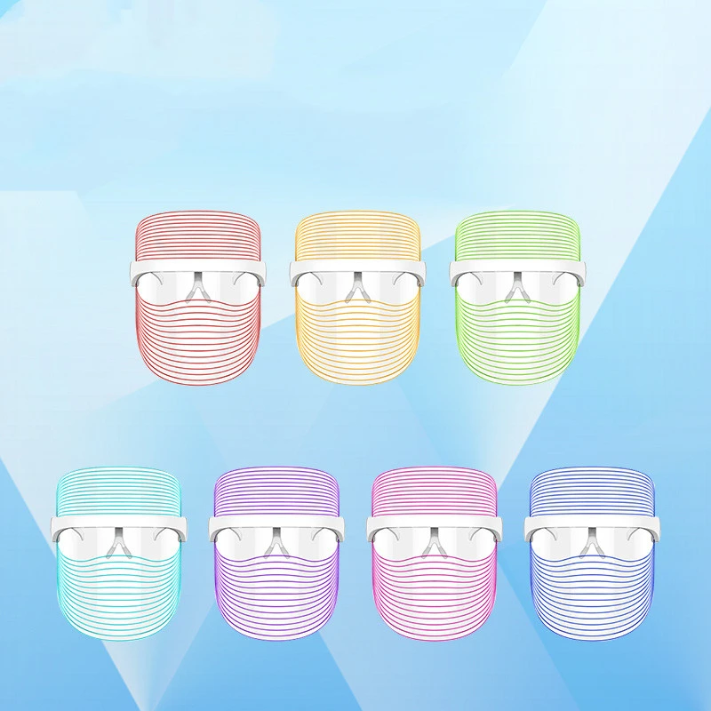 7 LED Mask Colors Explained – Chart with Skincare Benefits on Blue Background