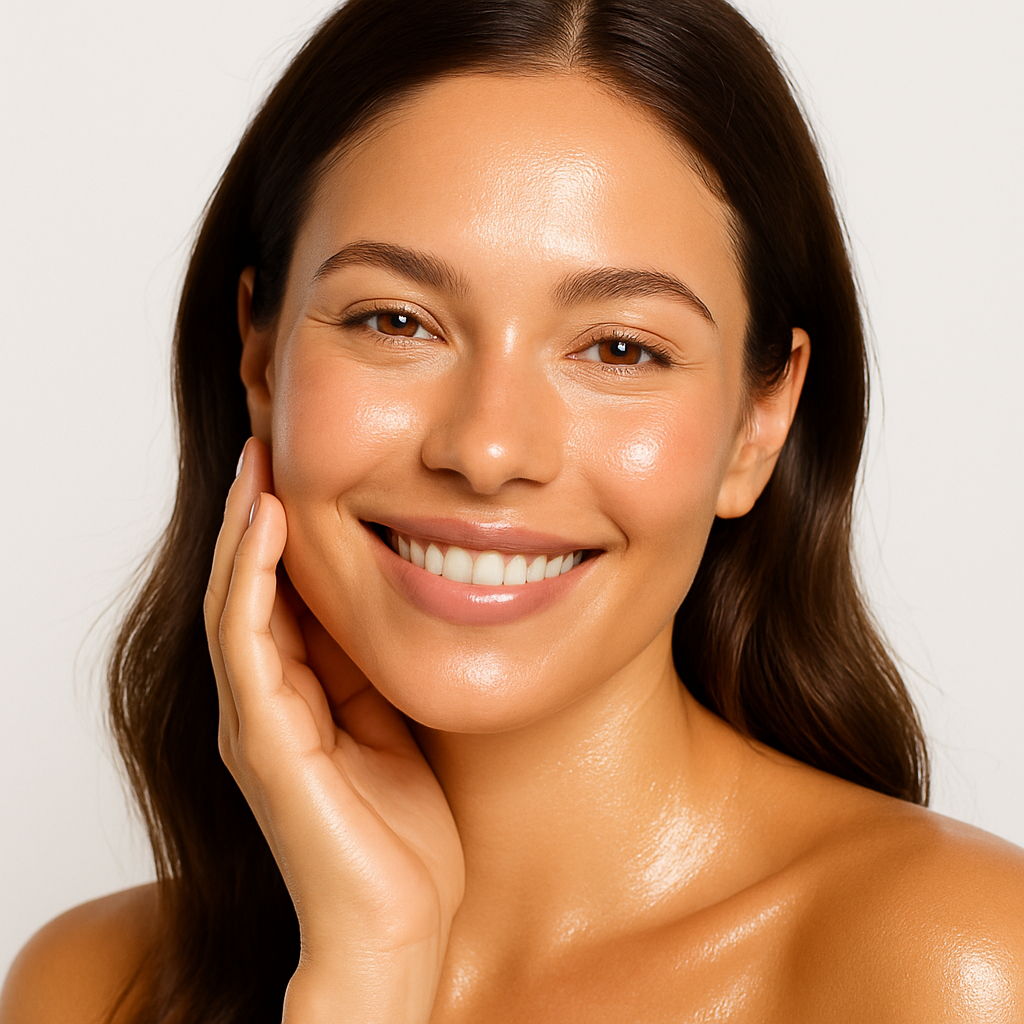 Before and after results of anti-blemish LED therapy on female face