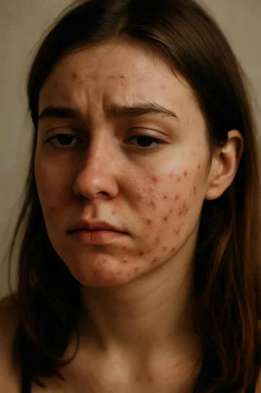 Close-up of a woman with acne and scars before LED light therapy treatment
