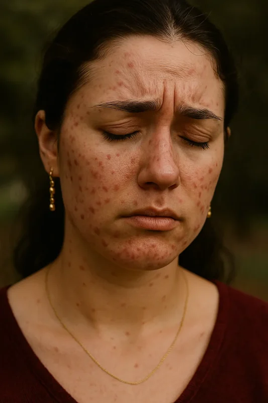 Sad woman with acne and dull skin, showing the emotional impact of skin problems before LED therapy