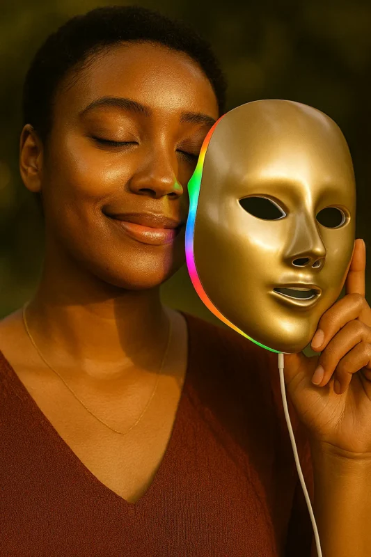 Woman smiling confidently while using a golden LED light therapy mask for radiant skin