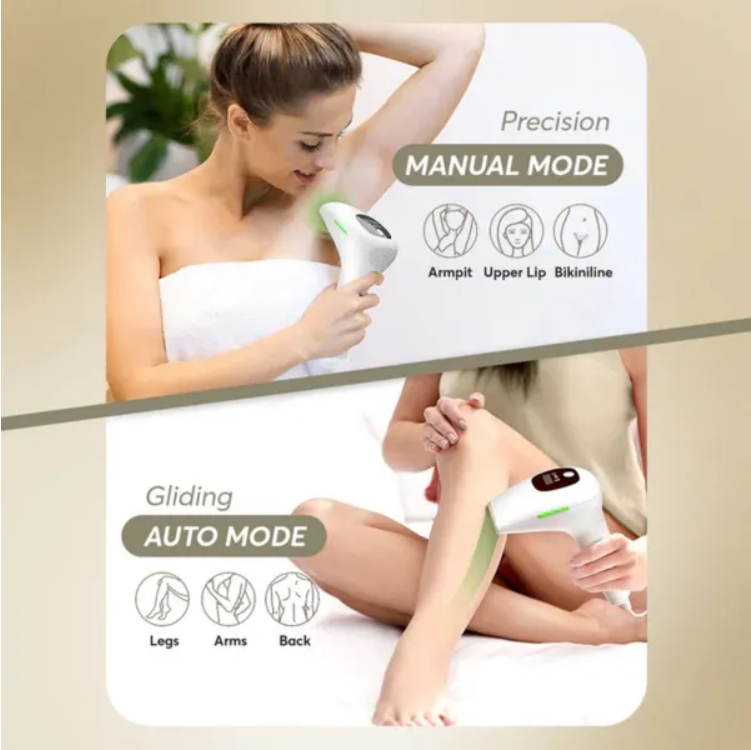 Femme utilisant un épilateur IPL en mode manuel sur les aisselles et en mode automatique sur les jambes