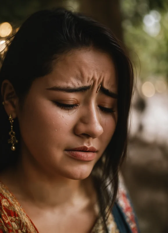 Sad woman crying with emotional expression and visible distress