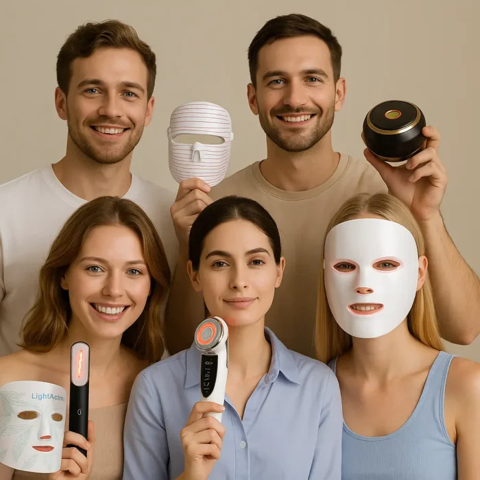Six smiling people holding LED skin care devices