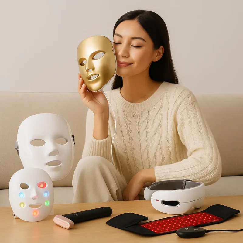 A group of smiling women holding LED face masks, showcasing a shared skincare experience.