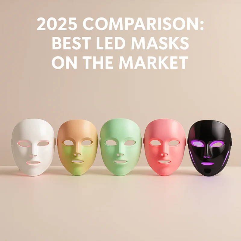 Lineup of five colorful LED face masks on a neutral background for 2025 comparison.