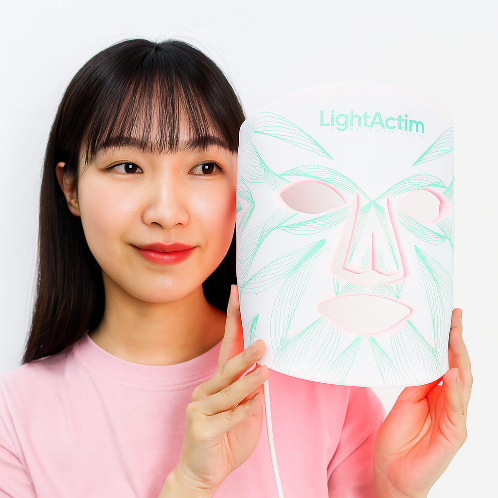 Woman facing red and blue LED light panels for skin treatment.