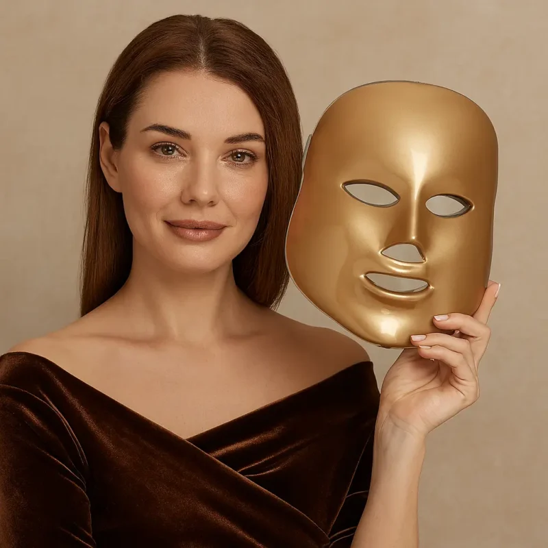 Woman with medium brown skin holding an LED mask, smiling gently.