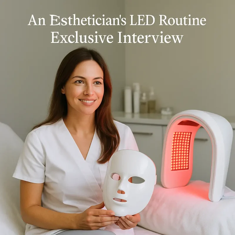 Smiling esthetician in white uniform holding an LED mask during an interview in a treatment room.