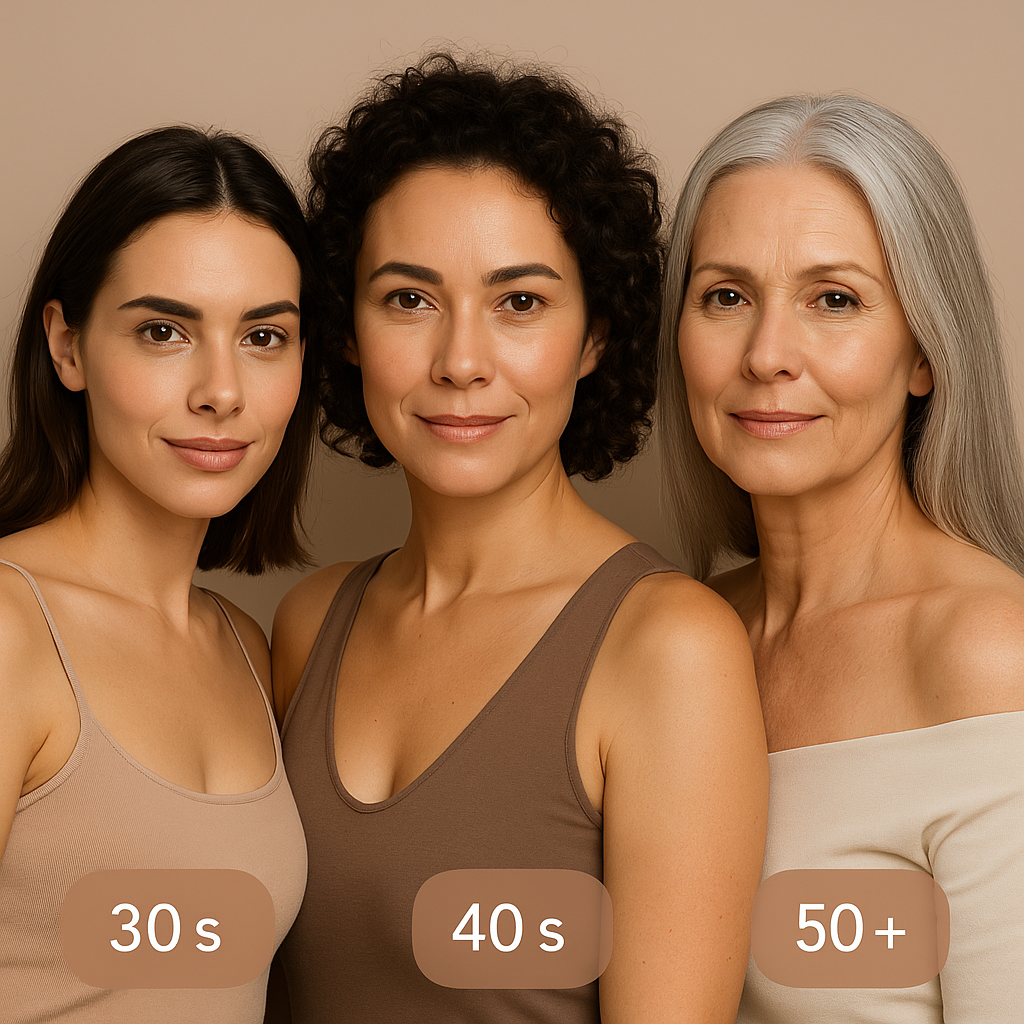 Three confident women in their 30s, 40s, and 50s with smooth skin, representing different anti-aging skincare protocols