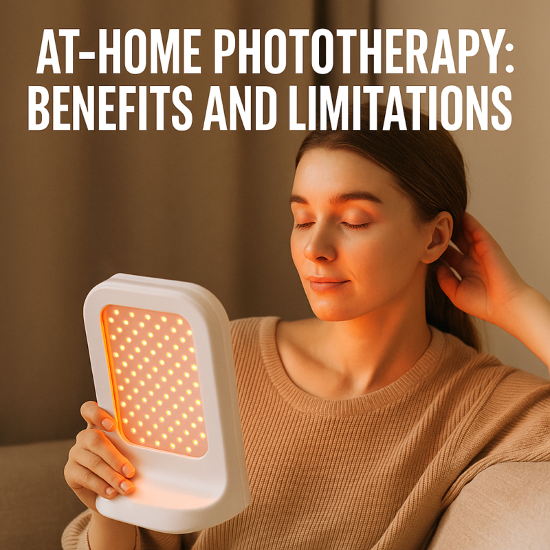 Woman using an at-home red light therapy device on her face while sitting on a sofa.
