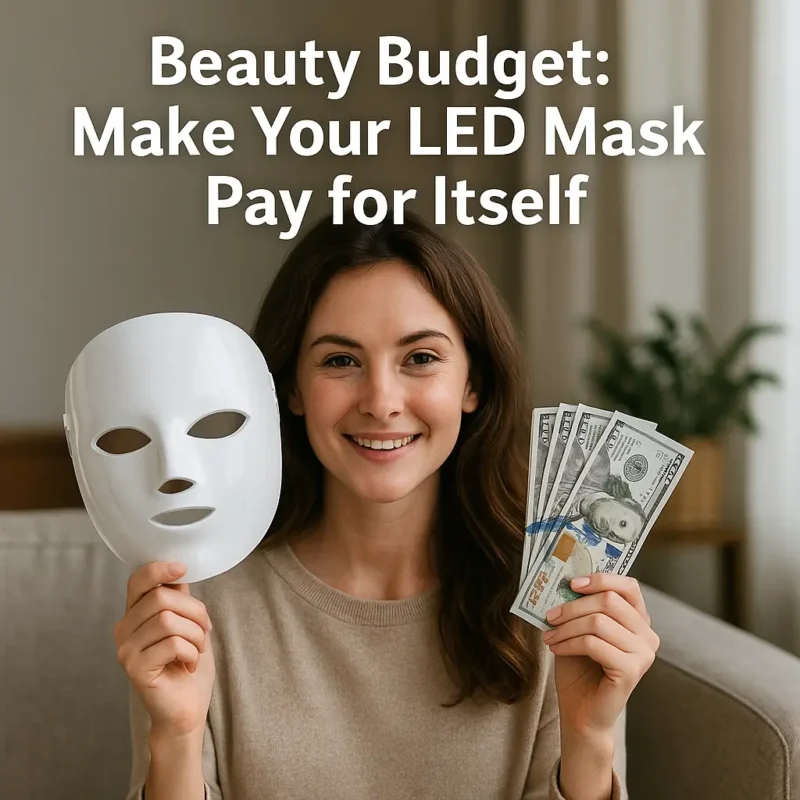 Woman smiling while holding an LED mask and dollar bills.