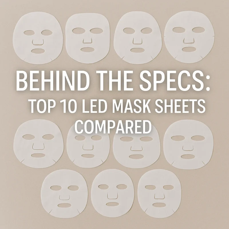 Flat lay of ten LED mask sheets on a beige background with comparison text.