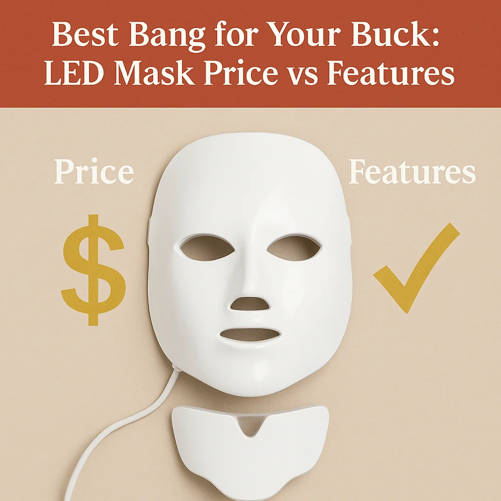 White LED face mask centered between price and features icons on a beige background.