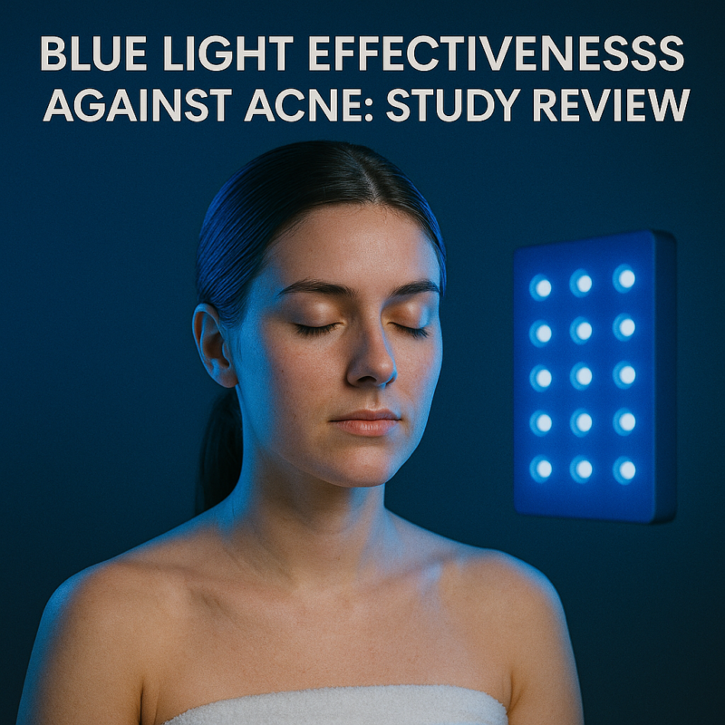 Woman receiving blue LED light therapy for acne treatment.