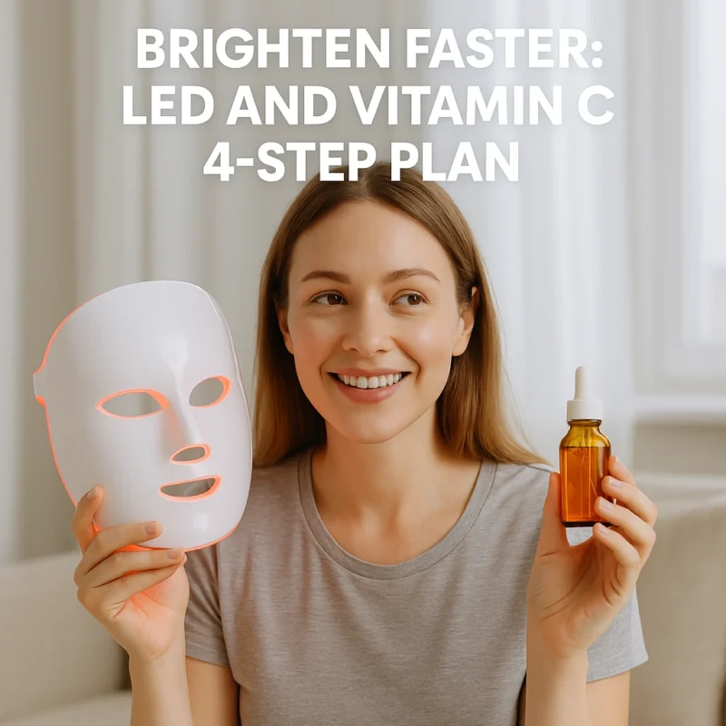 Smiling woman holding an LED face mask and a bottle of vitamin C serum.