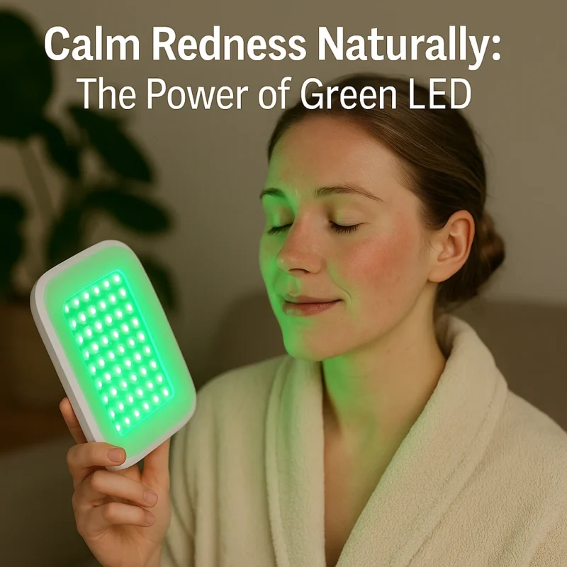 Woman using a green LED device on her face to soothe redness.