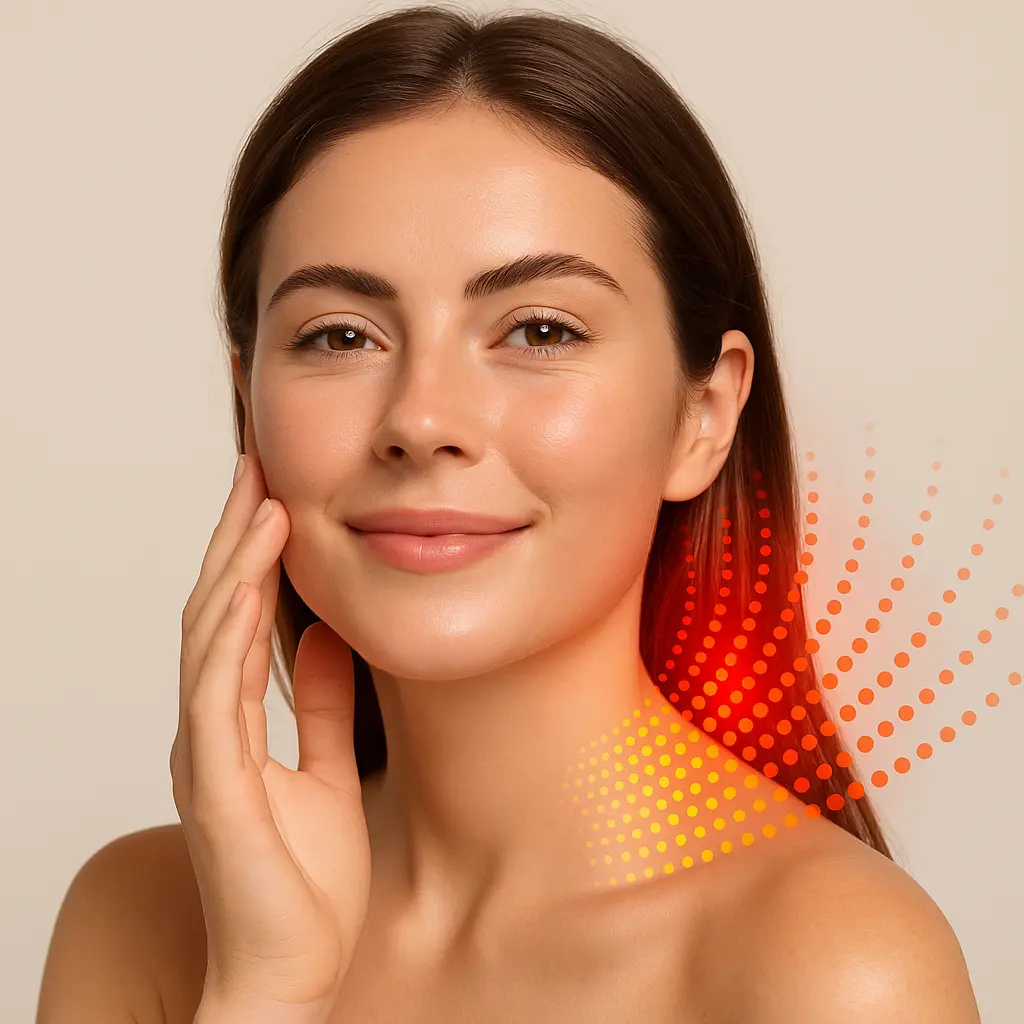 Woman touching her smooth face showing firm skin supported by collagen and LED light therapy