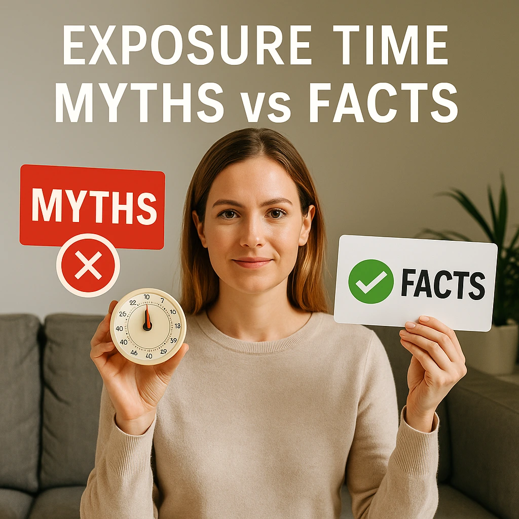 Woman holding a timer and a sign showing facts versus myths about LED exposure time.