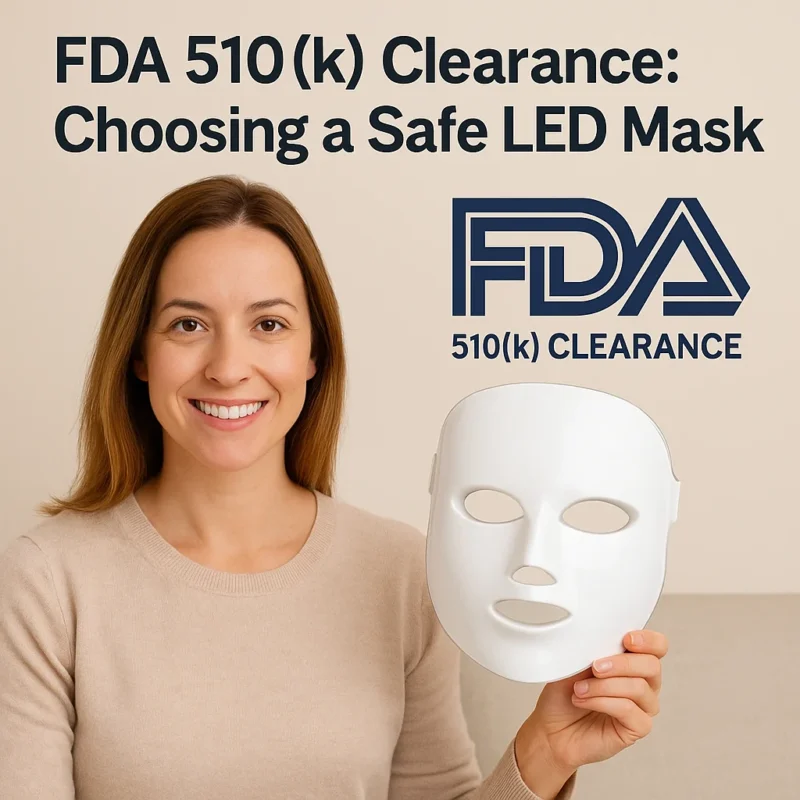 Smiling woman holding a white LED mask with FDA 510(k) clearance text and logo beside her.