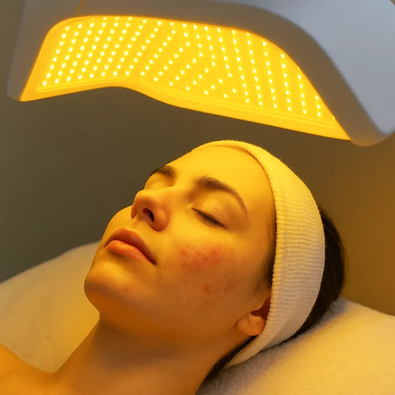 Face under yellow LED light therapy to reduce red acne marks and calm skin inflammation