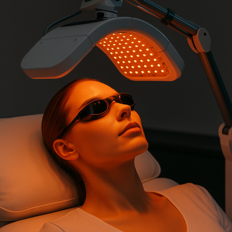 Woman receiving high-tech LED light therapy for collagen boost and anti-aging benefits