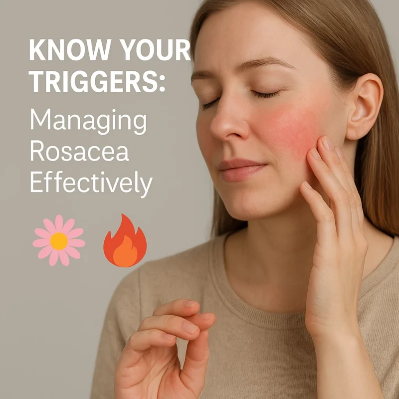 Woman with rosacea gently touching her cheek, showing awareness of skin triggers.