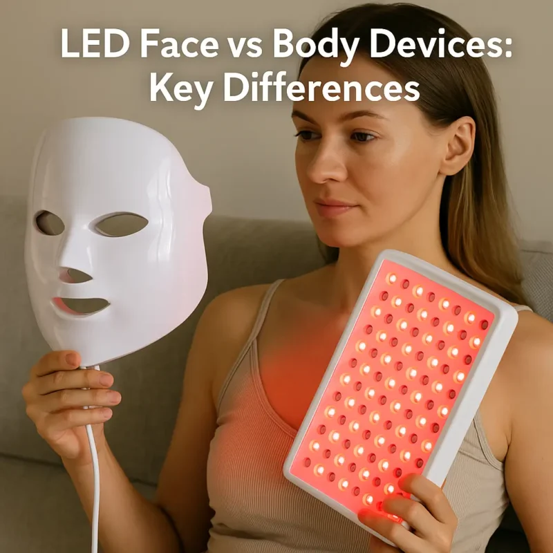 Woman comparing an LED face mask and a red body panel device at home.