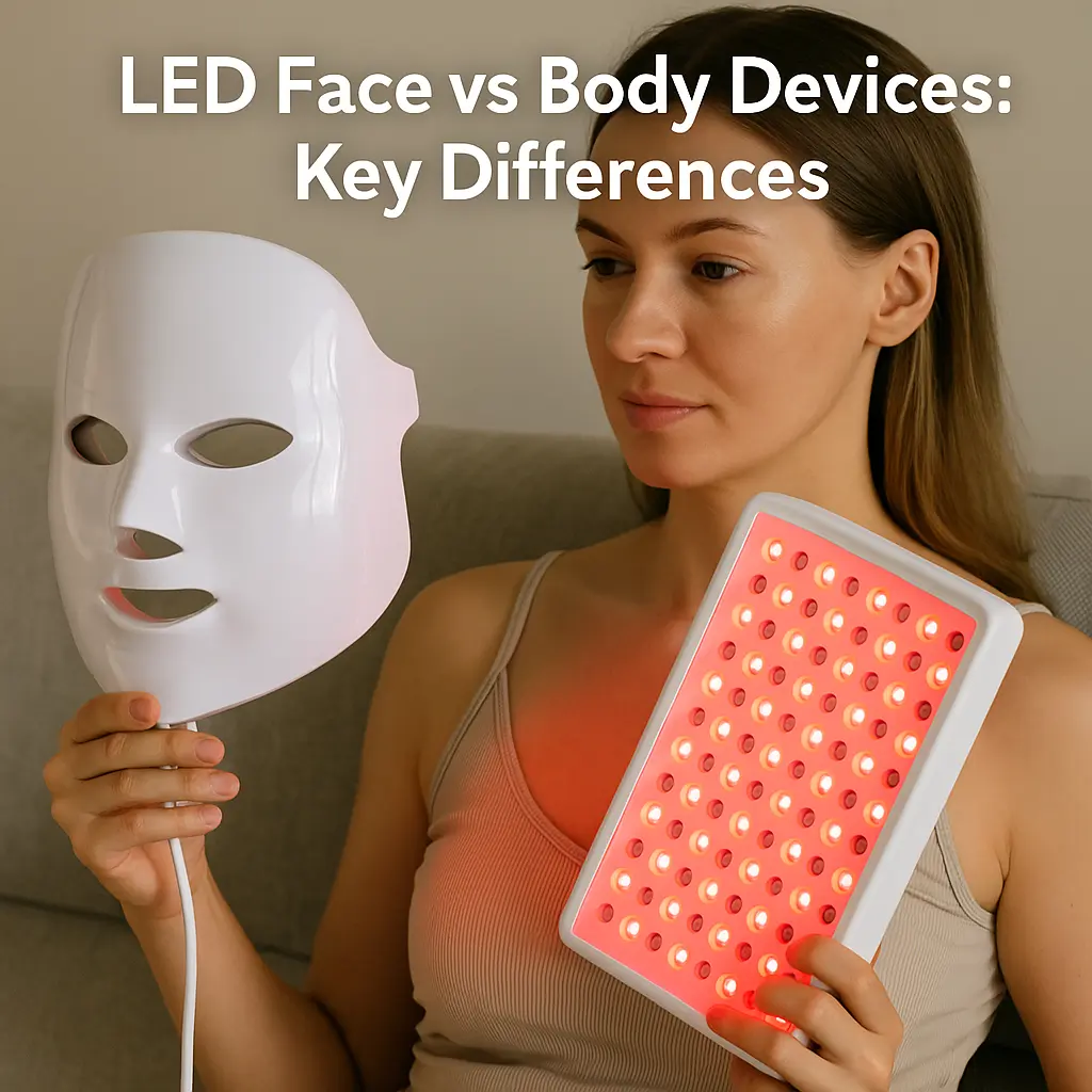 Woman comparing an LED face mask and a red body panel device at home.