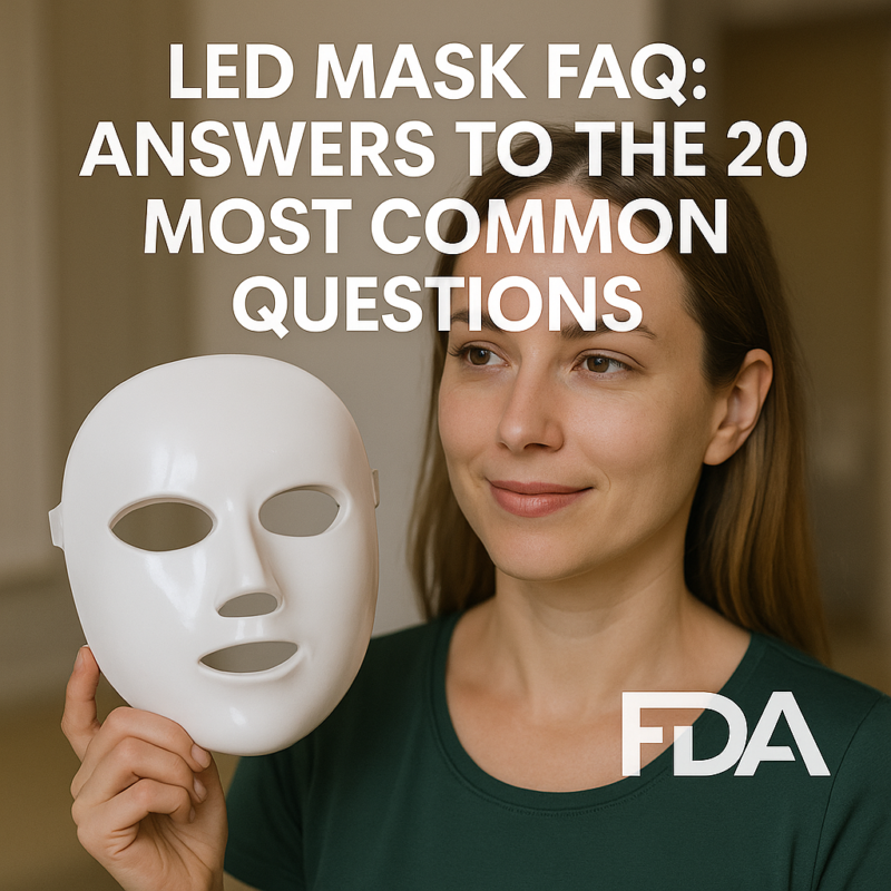 Woman holding a white LED mask, smiling calmly indoors.