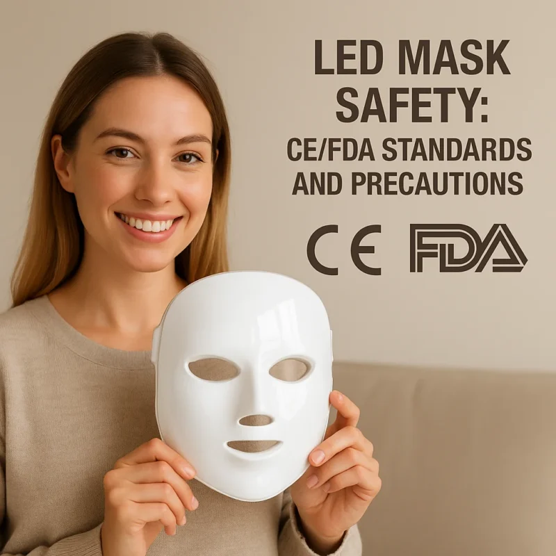 Smiling woman holding a white LED mask with CE and FDA logos in the background.