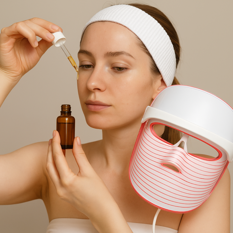Woman applying salicylic acid serum before using a red LED light therapy mask for acne treatment