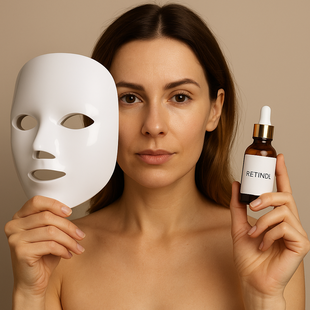 Woman comparing LED light therapy mask and retinol serum for reducing fine lines