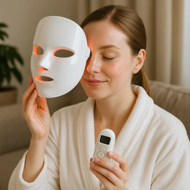 Woman holding an LED mask and remote control, adjusting intensity for her sensitive skin.