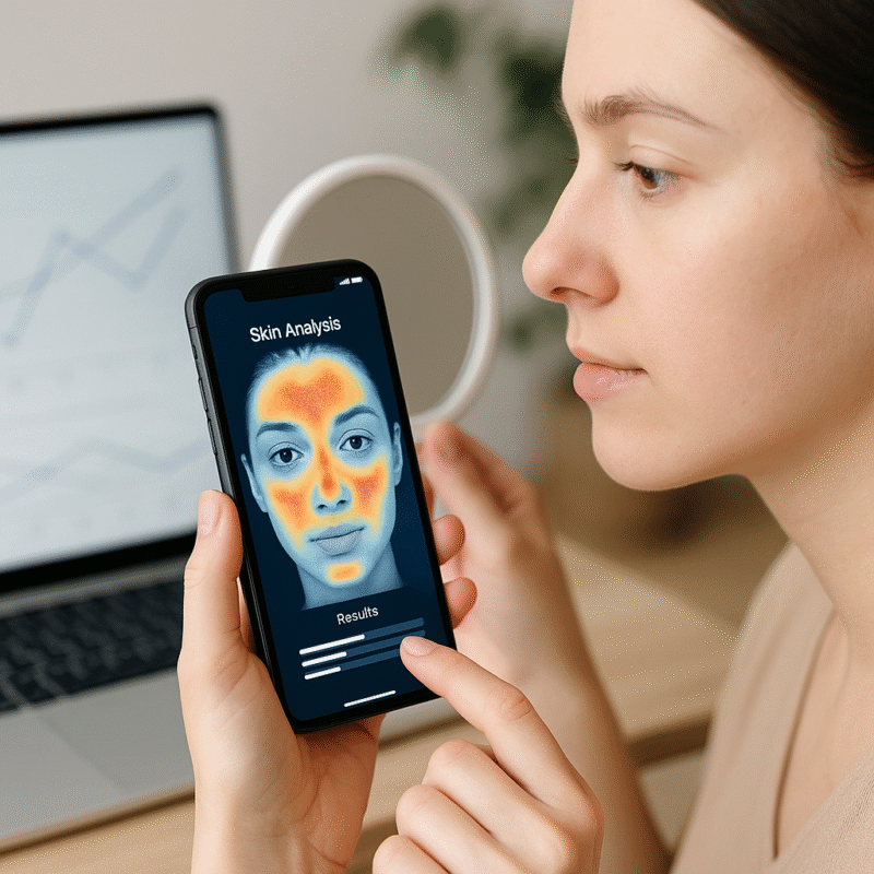 Woman analyzing her skin with a smartphone app displaying a heatmap on her face