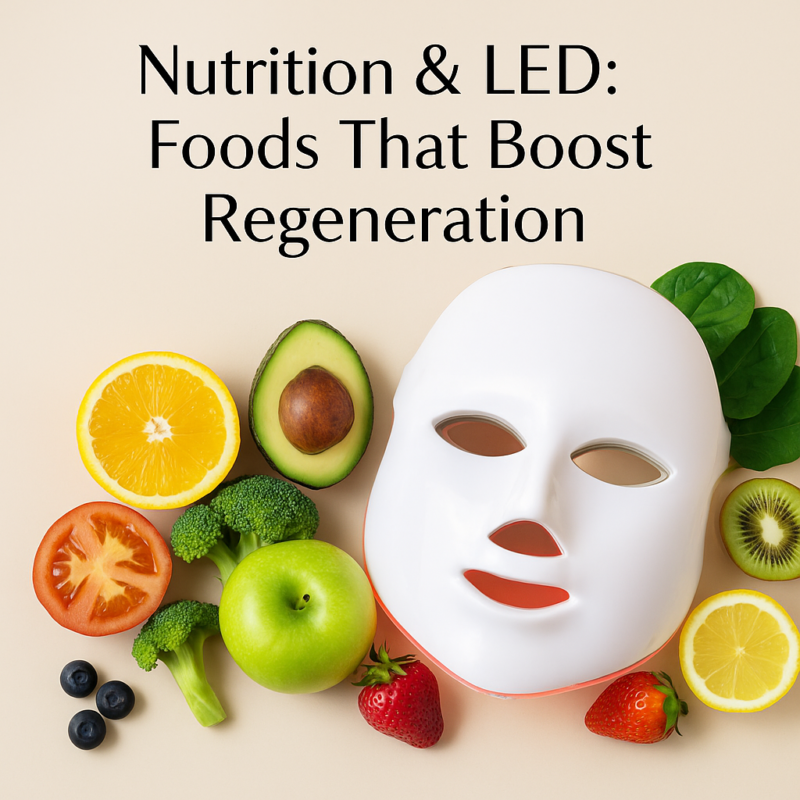 Healthy fruits and vegetables arranged with a LED beauty mask promoting skin regeneration