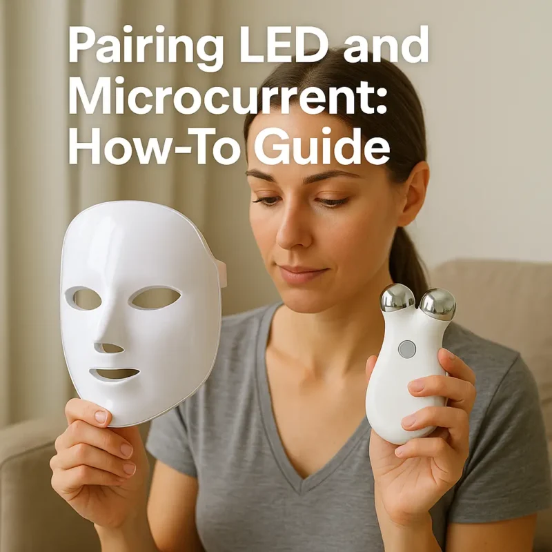 Woman holding an LED face mask and a microcurrent device while seated indoors.