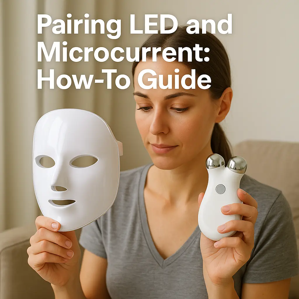 Woman holding an LED face mask and a microcurrent device while seated indoors.
