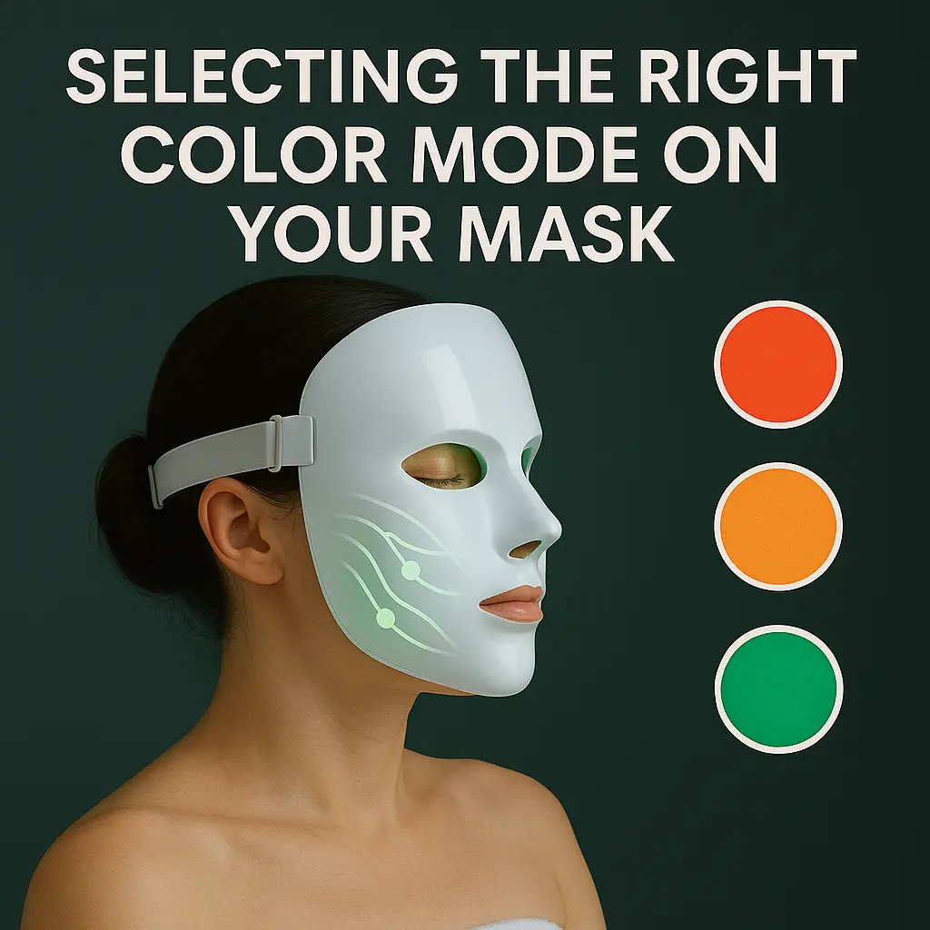 Woman wearing an LED therapy mask with green light, next to color options.