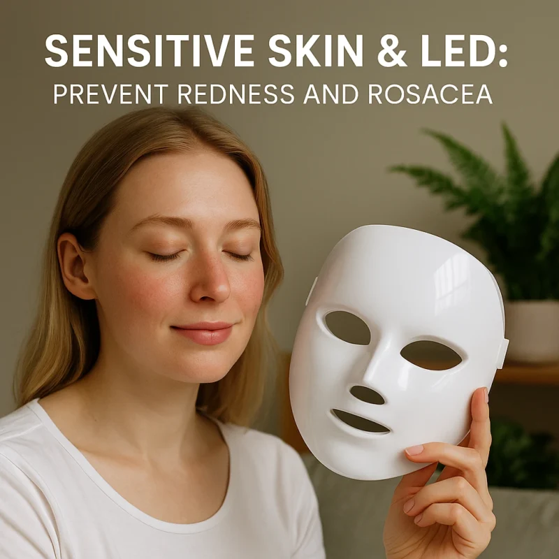 Smiling woman with mild facial redness holding an LED face mask with eyes closed.