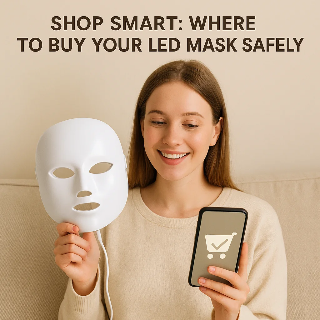 Smiling woman holding an LED face mask and a smartphone with a secure shopping icon.