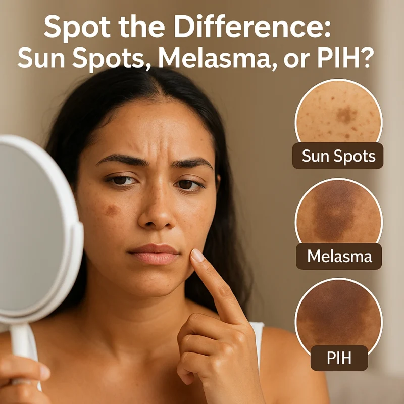 Woman examining her face in a mirror with inset images of sun spots, melasma, and PIH.