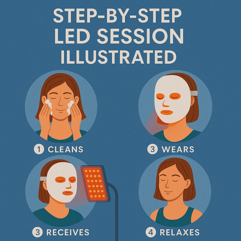 Illustration of a woman going through step-by-step LED light therapy routine.