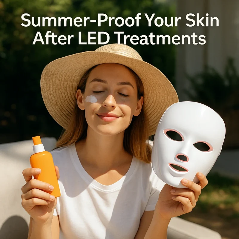 Woman applying sunscreen outdoors, holding an LED face mask and wearing a straw hat.