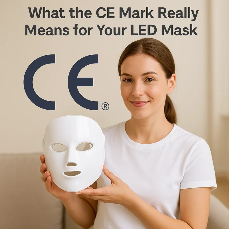 Smiling woman holding a white LED mask with a large CE mark in the background.