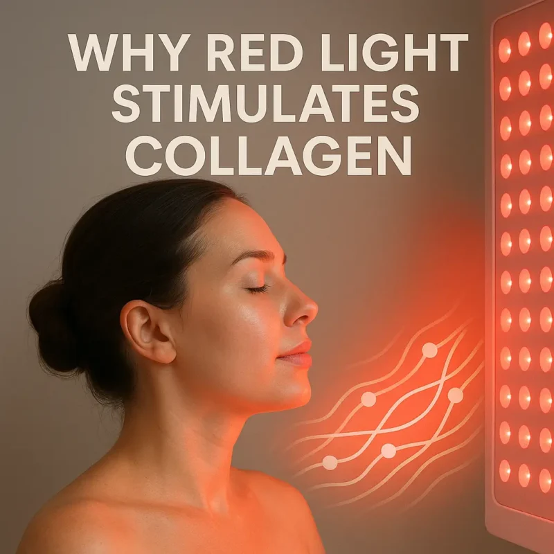 Bold white text on a dark background stating "Why Red Light Stimulates Collagen