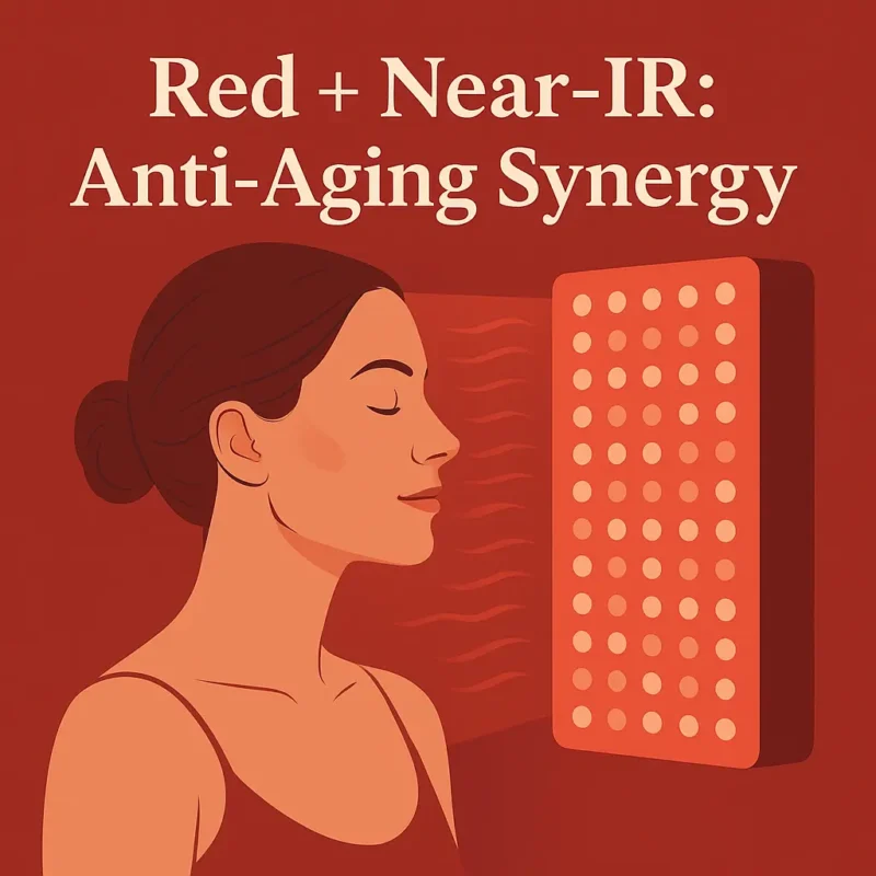 Woman enjoying red and near-infrared light therapy for anti-aging benefits.