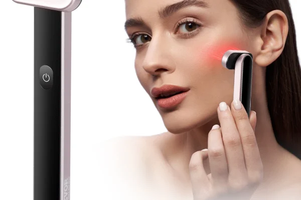 Using the VEVOR LED Wand Woman using VEVOR LED red light therapy wand on her face for skincare treatment