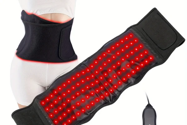 Red Light Therapy Slimming Belt – Waist Shaping & Fat Burning A woman wearing a red-light LED slimming belt around her waist for fat reduction and body contouring.